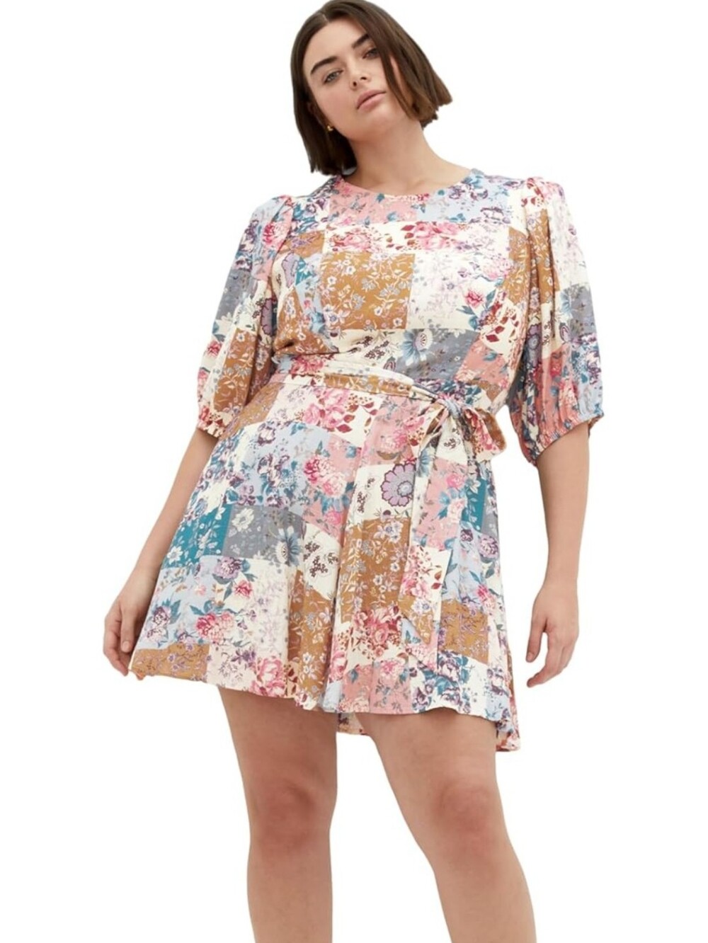 NWT City Chic Women's Dress- Forever Patchwork Floral Belted Mini Dress Whimsica